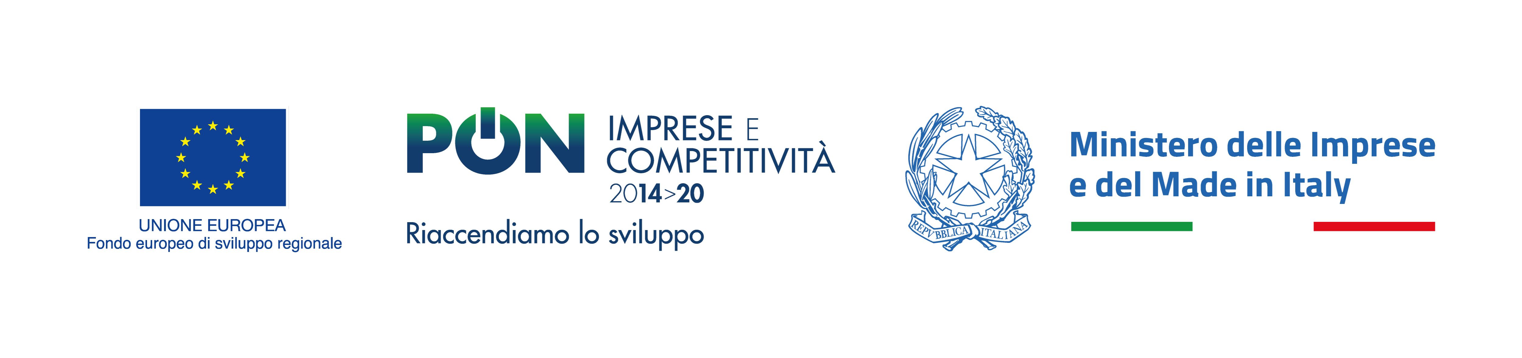 Logo-firma Unione Europea, PON Imprese e Competitività 2014-2020, Riaccendiamo lo sviluppo e Ministero delle Imprese e del Made in Italy